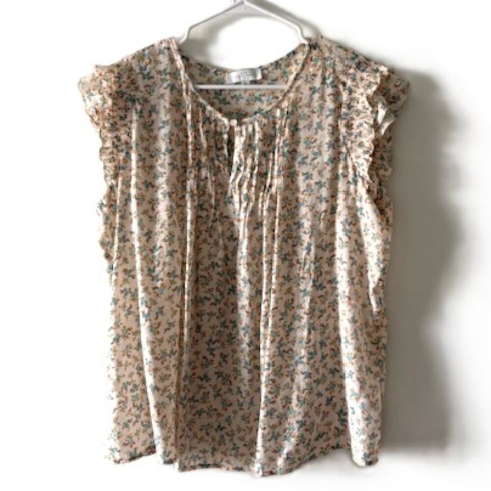 New Directions Floral Blouse with Short Cap Ruffle Sleeves